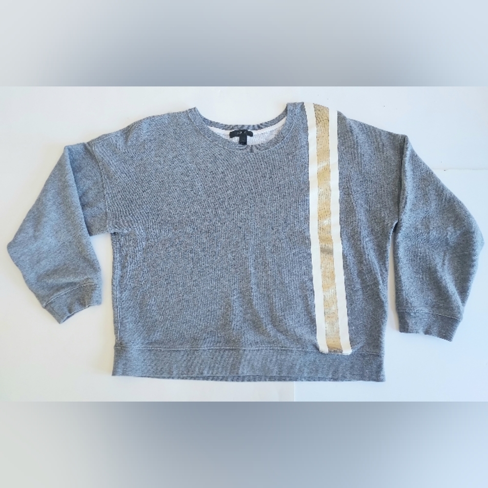 Ladies J. Crew Gray Waist Length LS Sweatshirt W/White & Gold Stripes Size Med